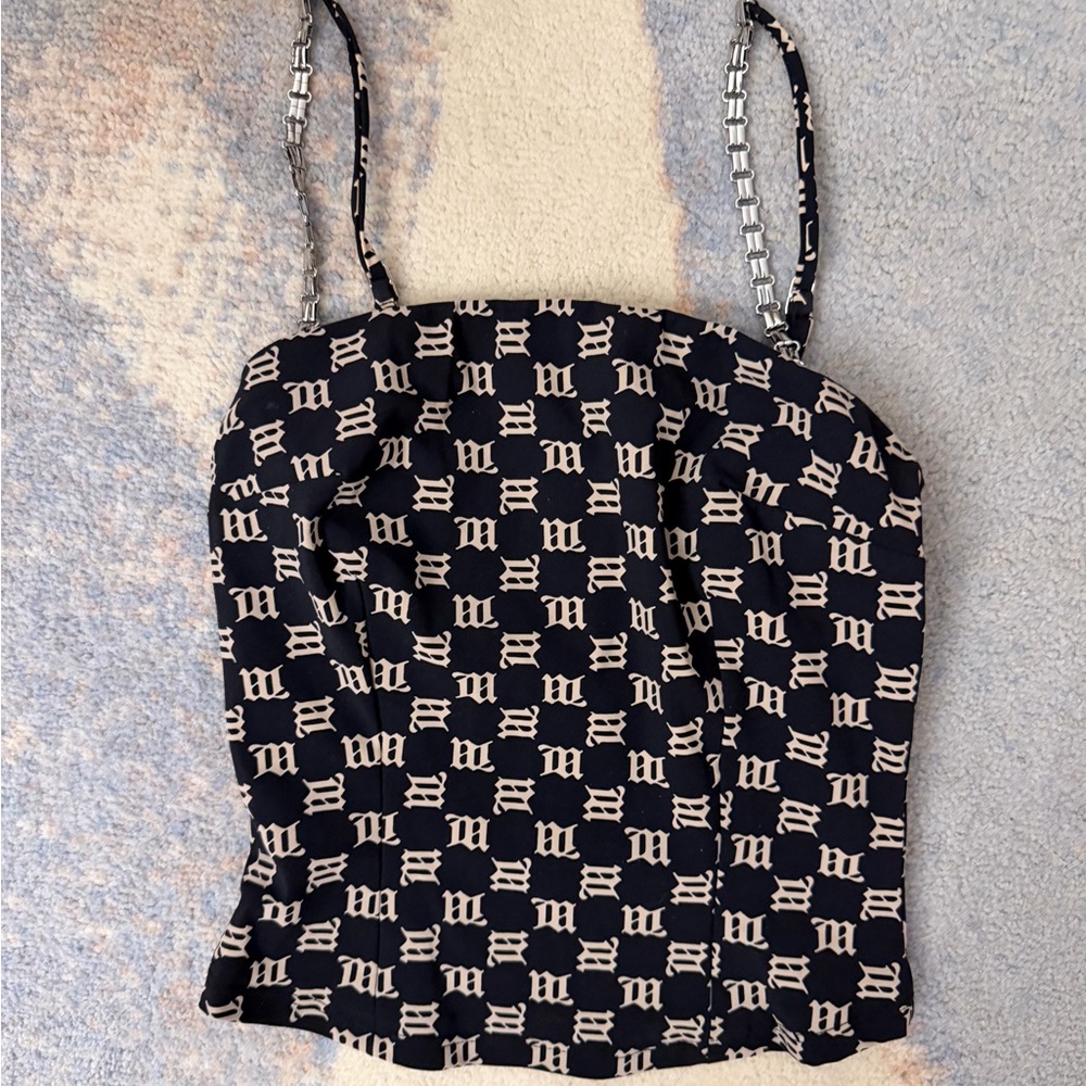 Black Patterned Strapless Bustier Cami with Chain Straps